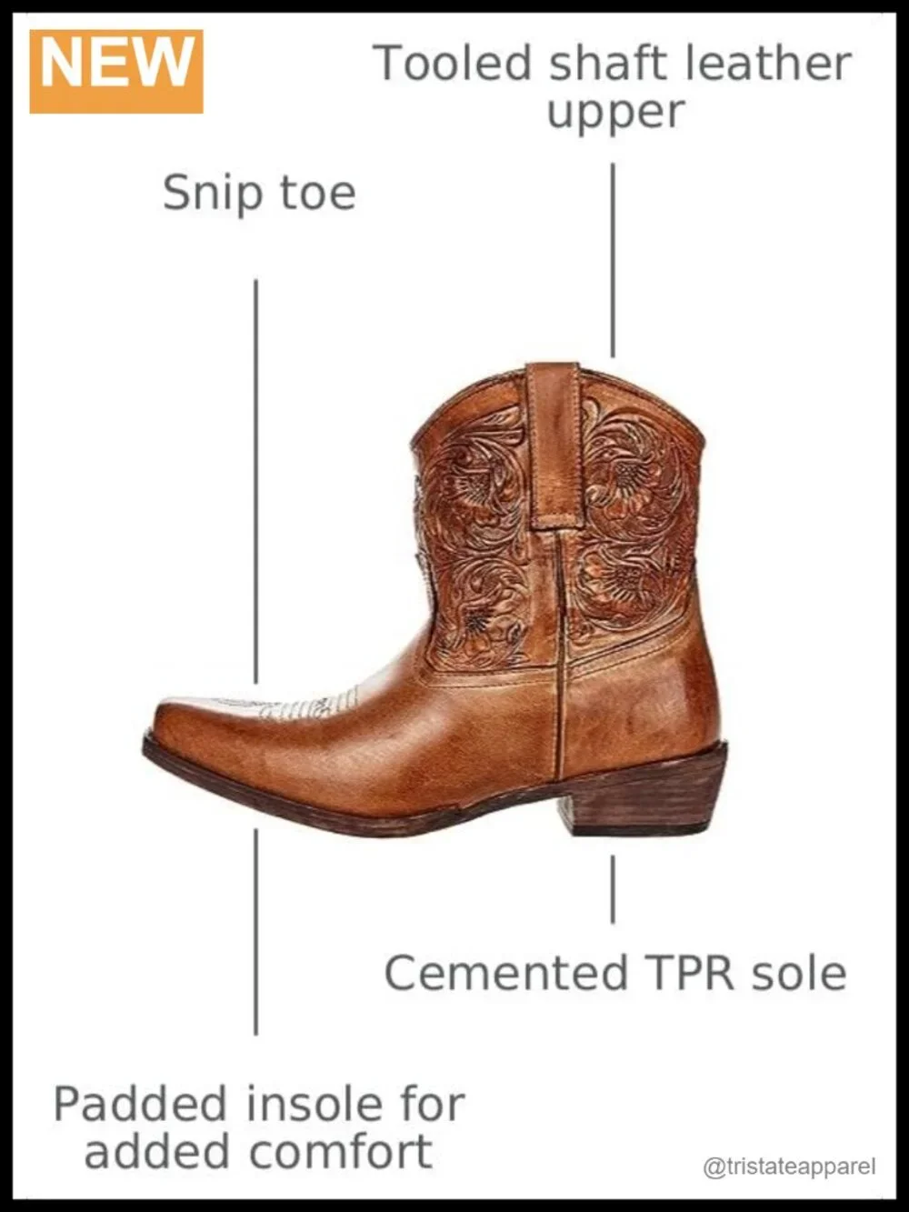 Women's Western Boots Ankle Low Heel Tooled Leather Pull-On